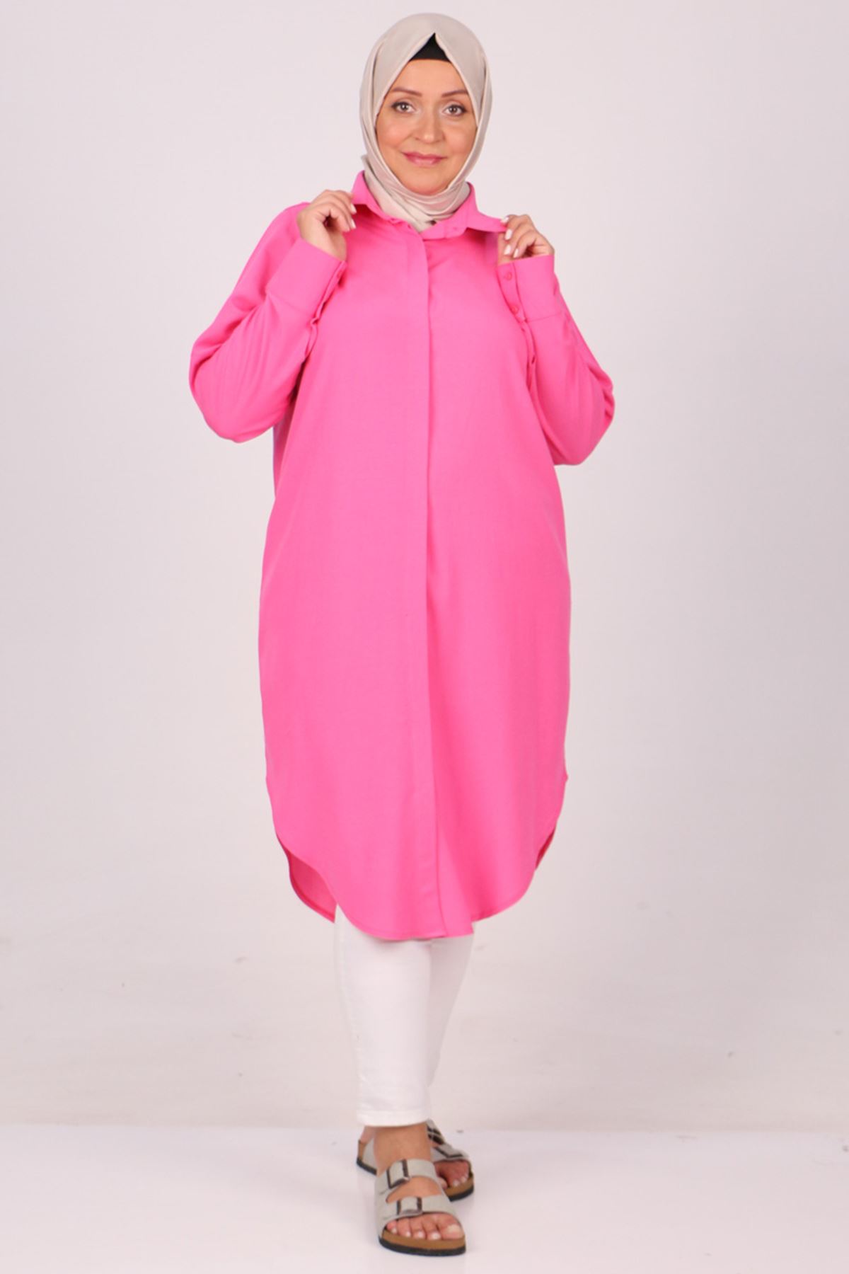 38085 Large Size Linen Shirt with Concealed Buttons - Pink