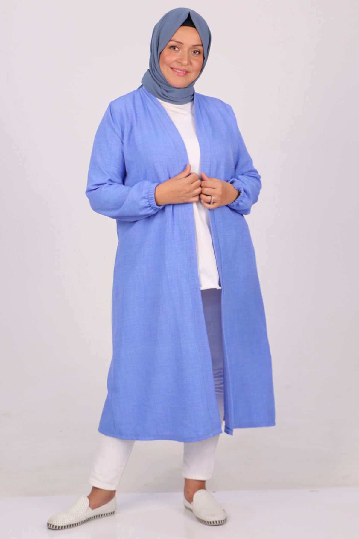 33033 Large Size Linen Airobin Jacket - Blue