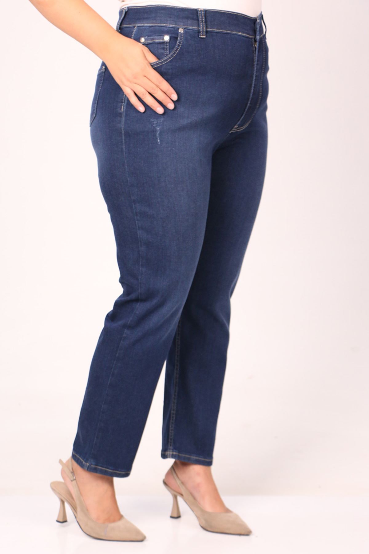 9185-1 Large Size Pipe Leg Stone Nail Jeans - Navy blue