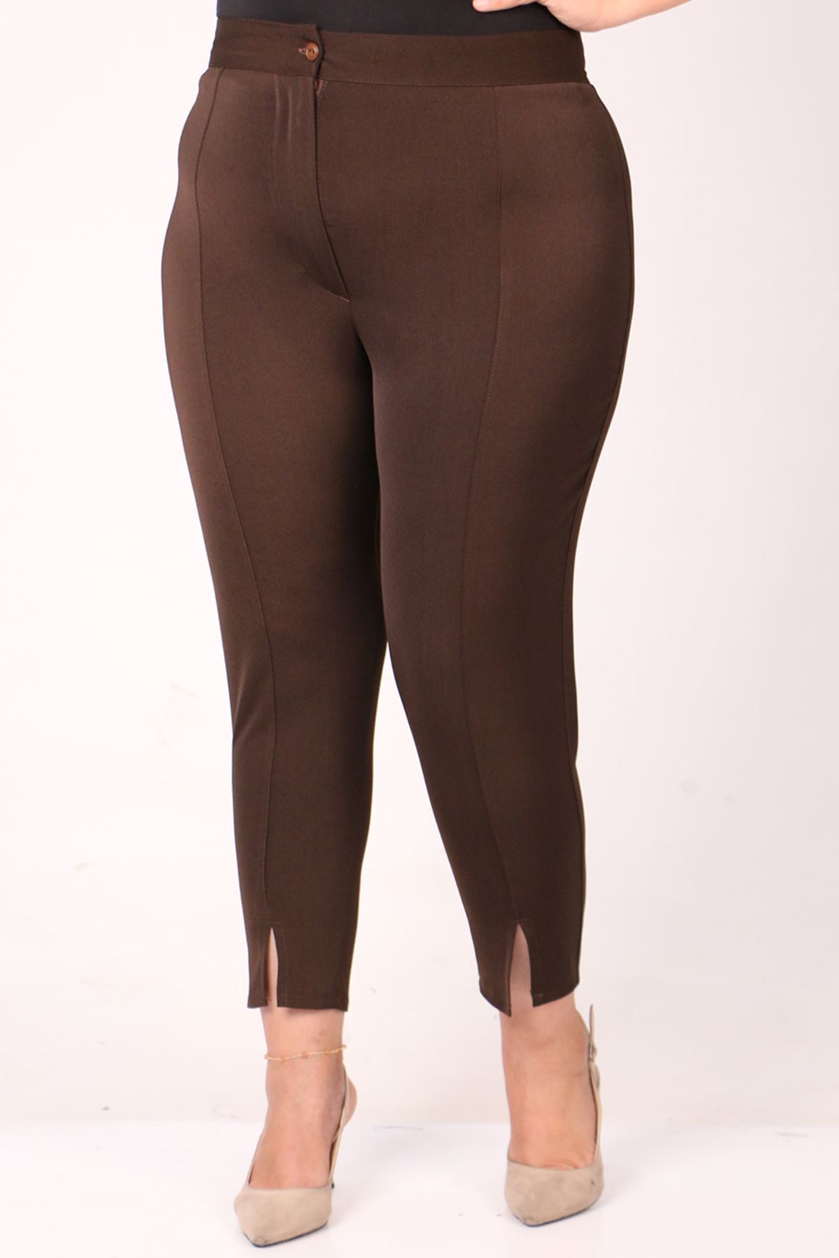 39028 Plus Size Front Slit Slim Leg Trousers - Brown