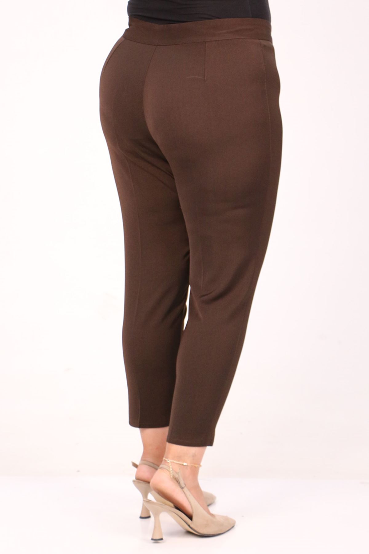 39028 Plus Size Front Slit Slim Leg Trousers - Brown
