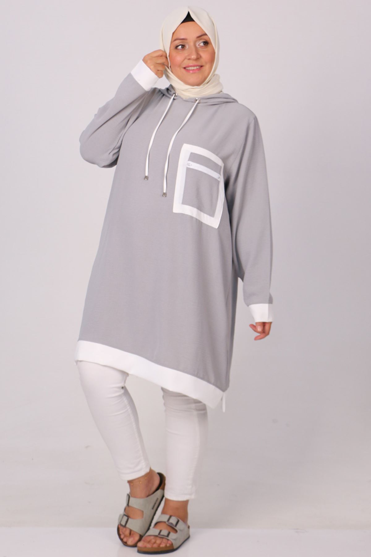 38119 Large Size Buttoned Airobin Tunic -Grey