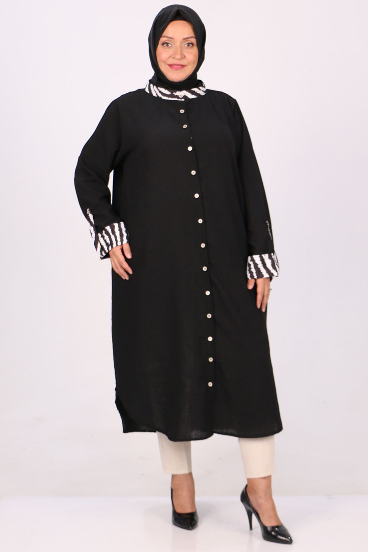 38078 Large Size Linen Shirt With Garnish -Black Zebra