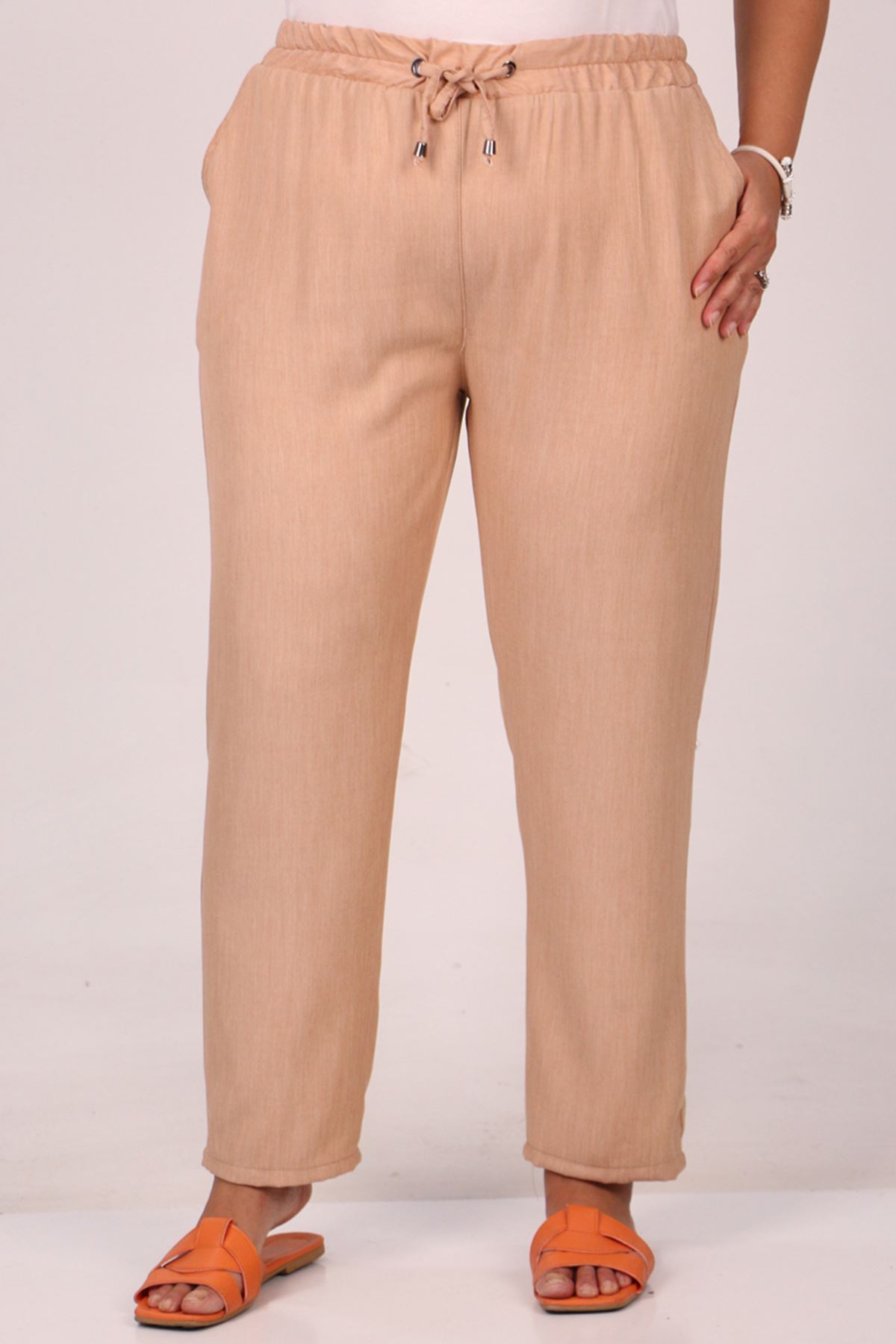 39014 Large Size Elastic Waist Slim Leg Lyocell Trousers-Bej