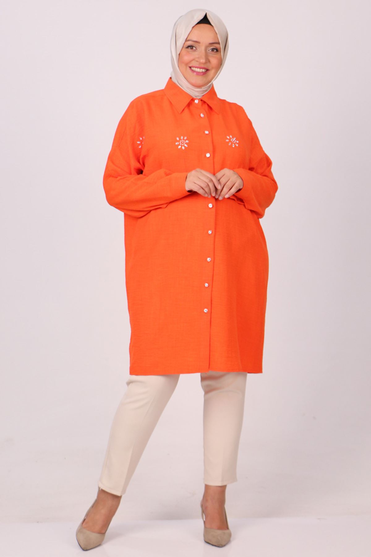 38077-1 Large Size Stone Printed Linen Airobin Shirt - Orange