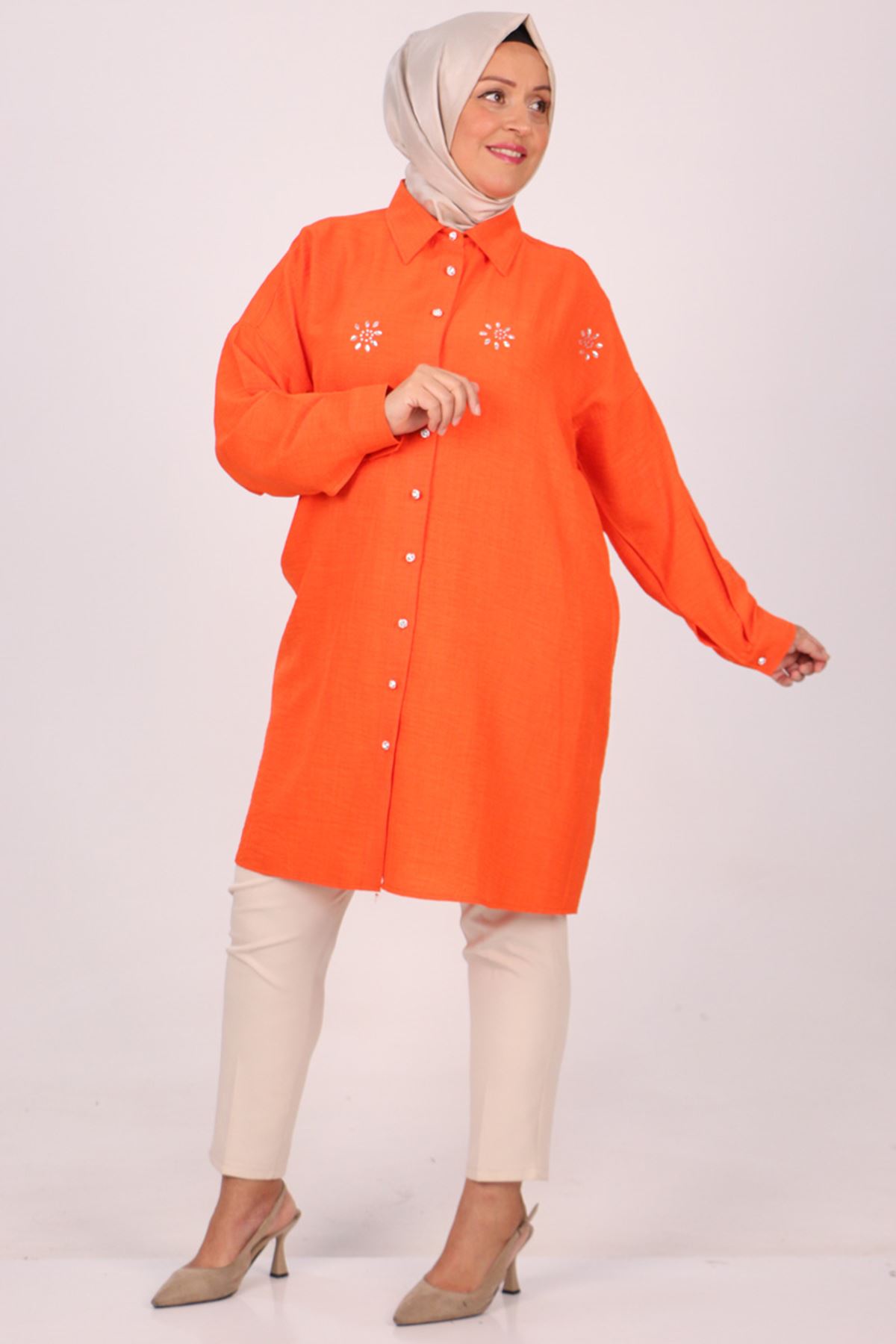 38077-1 Large Size Stone Printed Linen Airobin Shirt - Orange