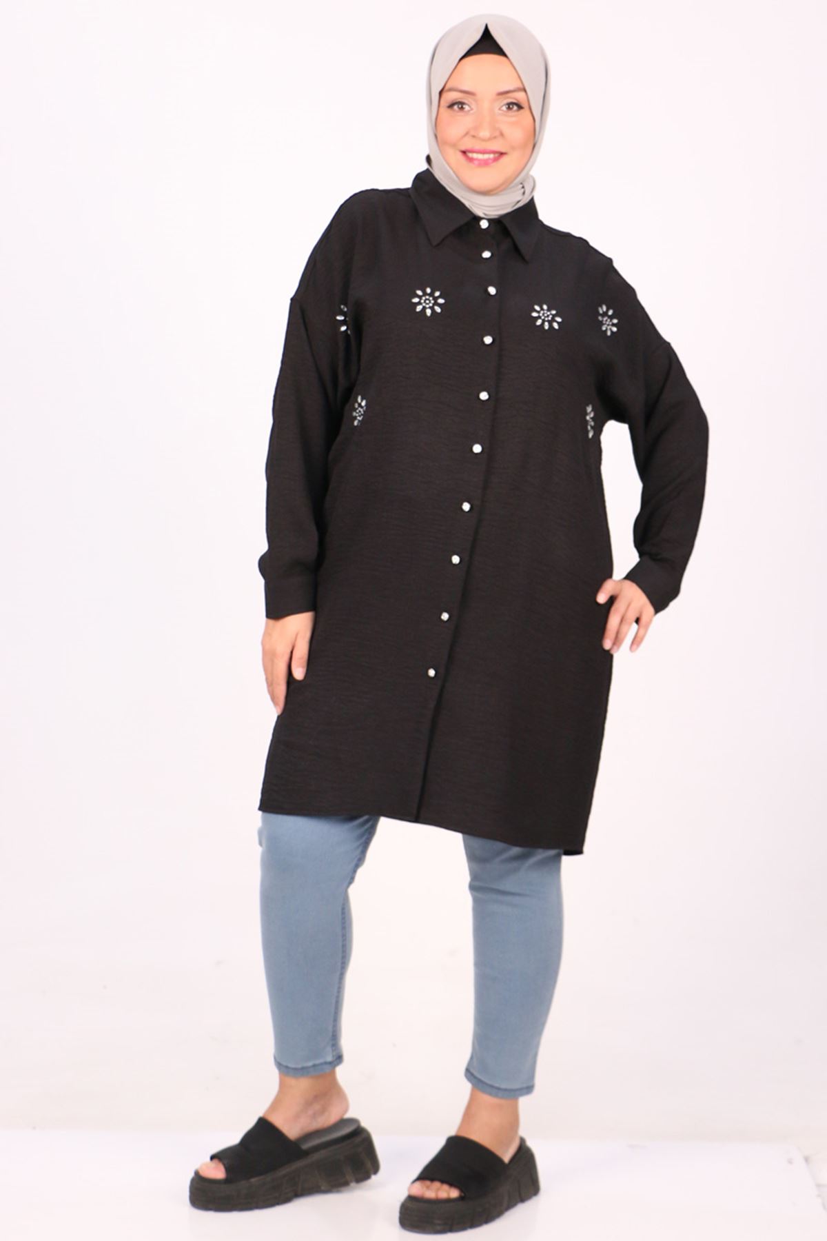 38077-1 Large Size Stone Printed Linen Airobin Shirt - Black