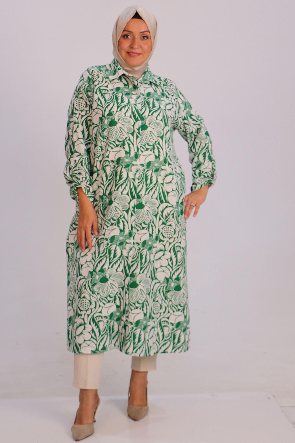 38120 Large Size Patterned Linen Shirt - Floral Pattern Green
