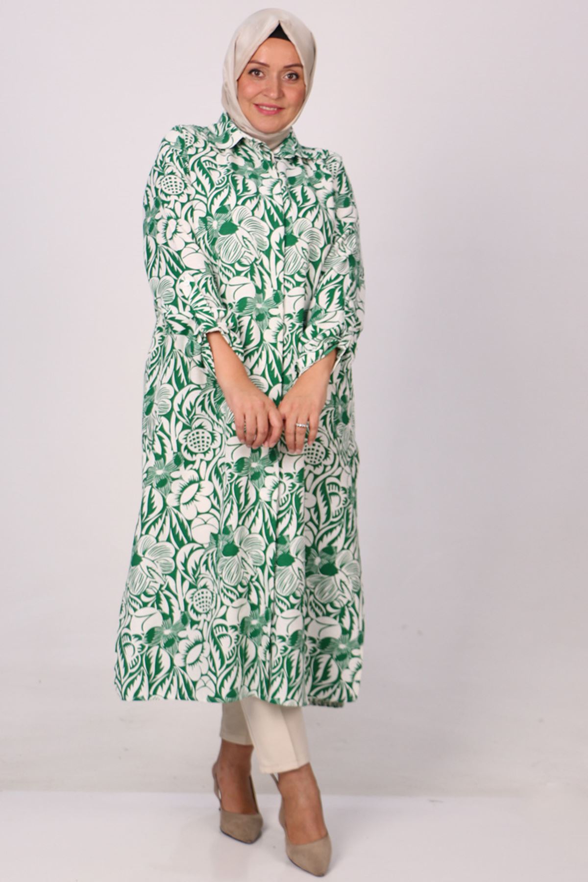 38120 Large Size Patterned Linen Shirt - Floral Pattern Green