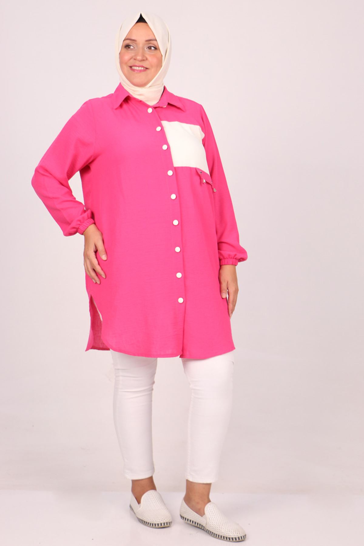 38124 Large Size Color Combination Linen Airobin Shirt - fuchsia