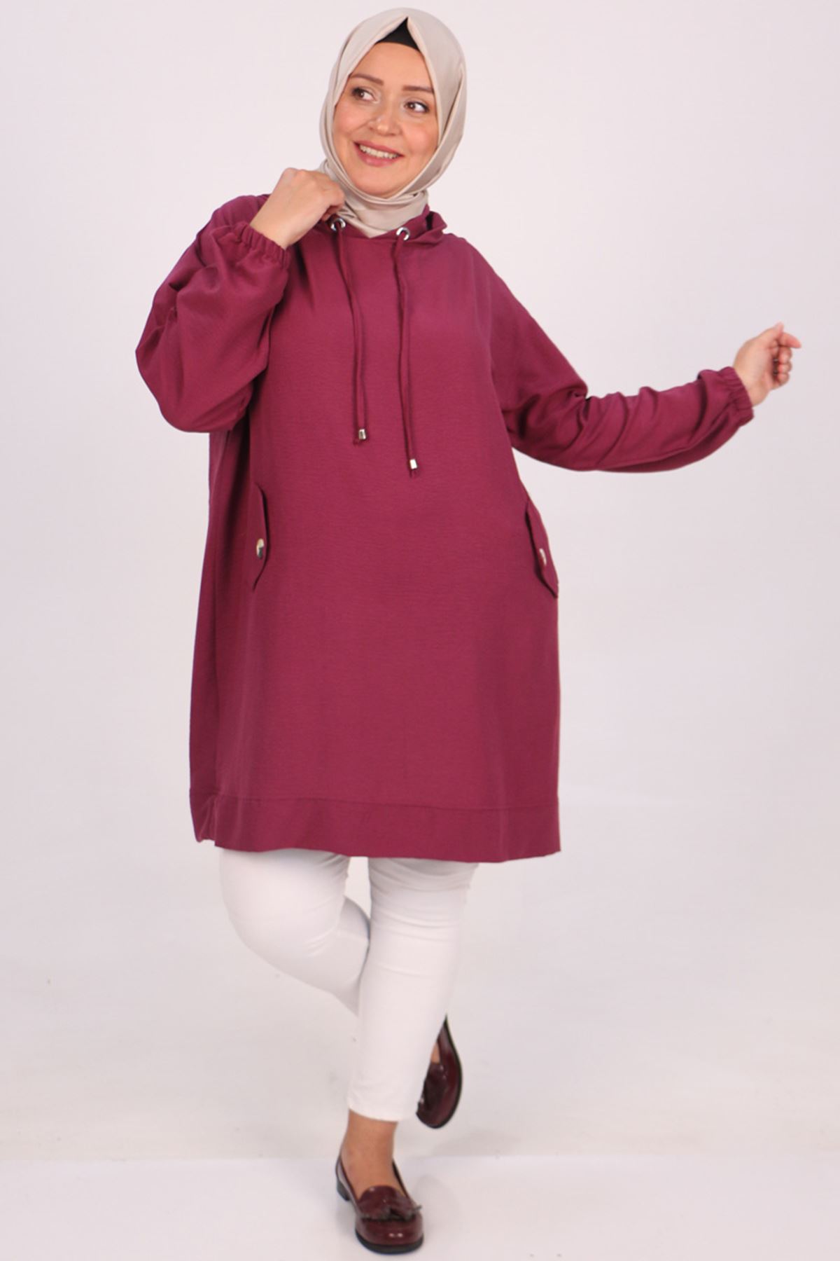 28049 Large Size Hooded Miracle Tunic-Dark Rose