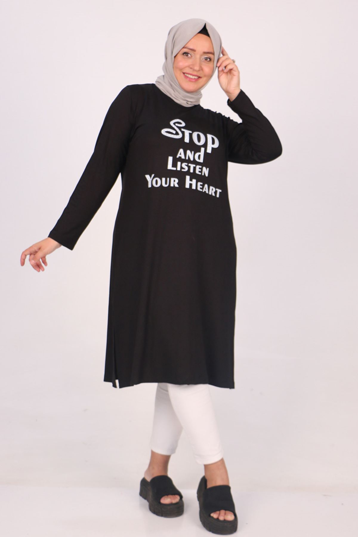 38126 Large Size Combed Cotton Printed Tunic -Black