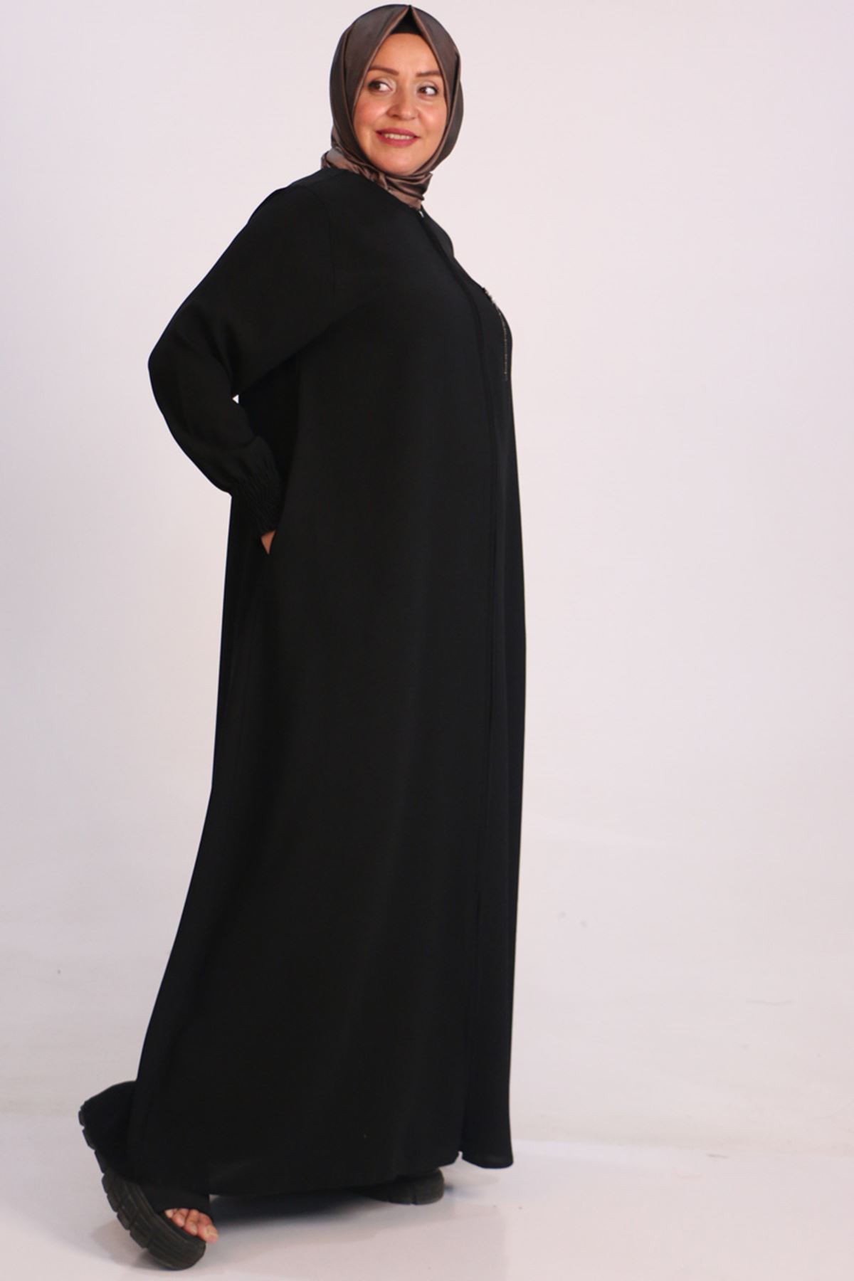 36005 Large Size Double Layer Crepe Mevlana Abaya-Black