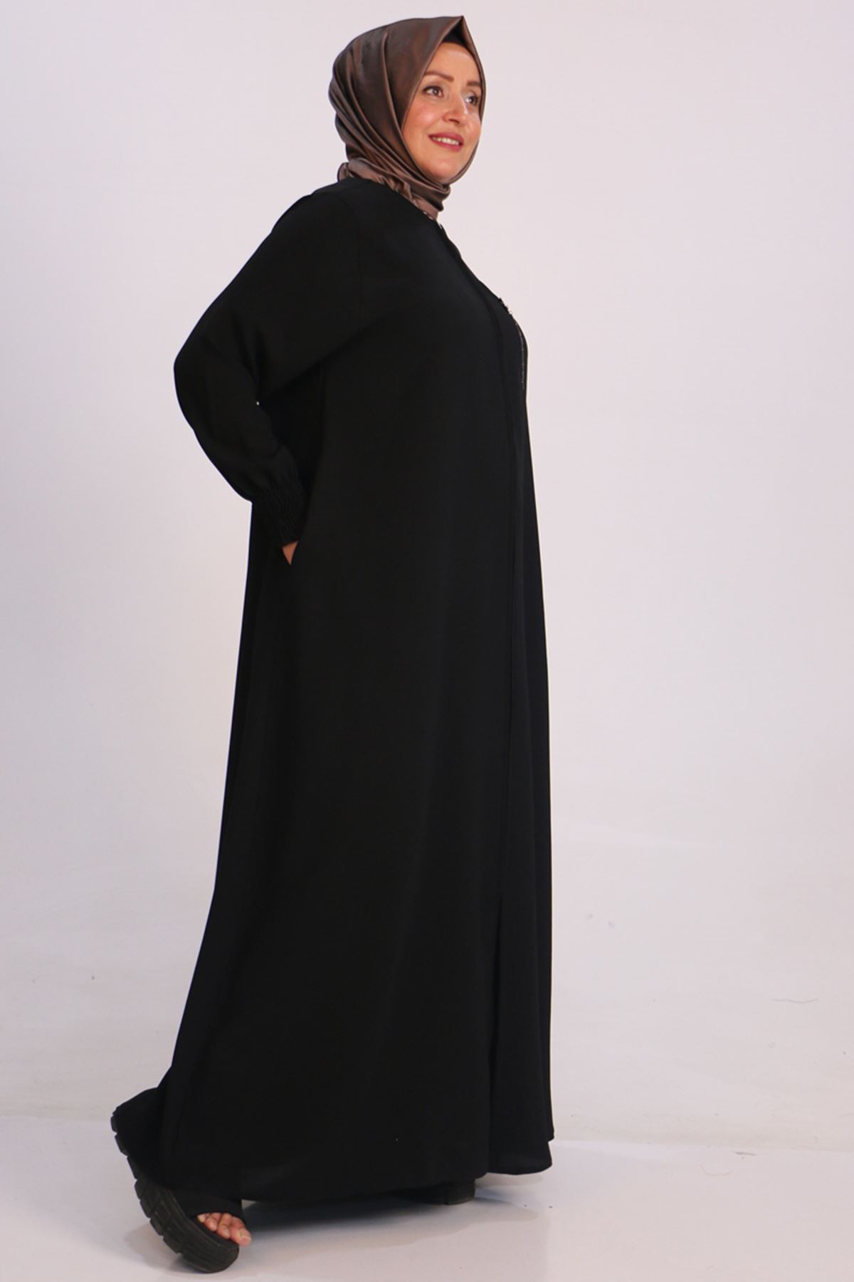36005 Large Size Double Layer Crepe Mevlana Abaya-Black