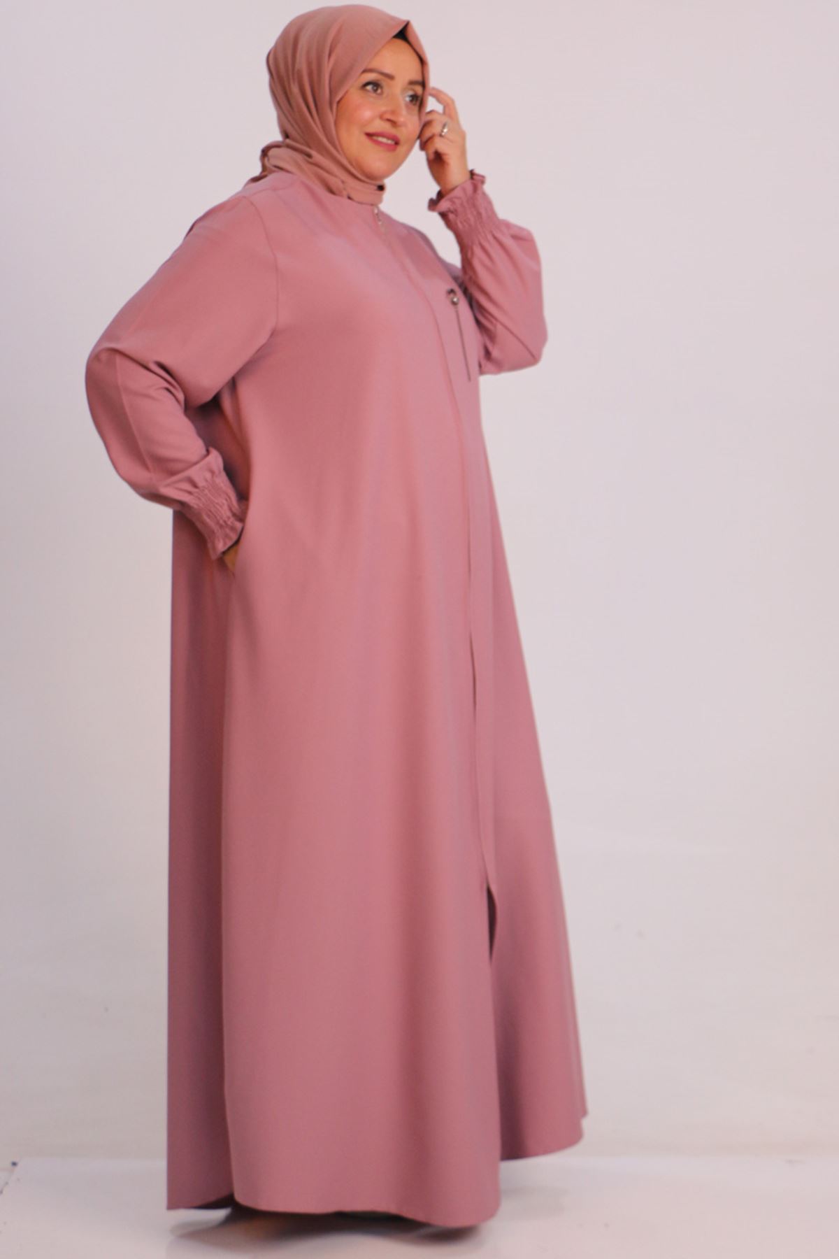 36005 Large Size Double Layer Crepe Mevlana Abaya-Pink