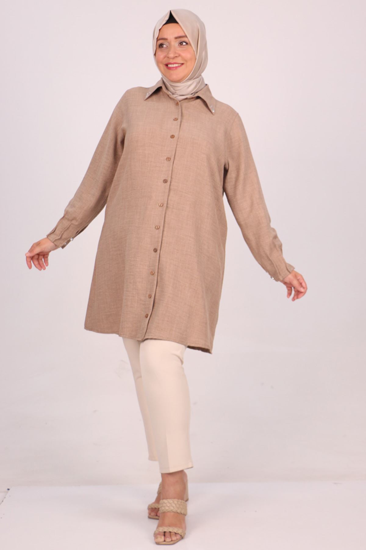 38095 Large Size Linen Airobin Shirt with Stone Collar - Brown with Milk