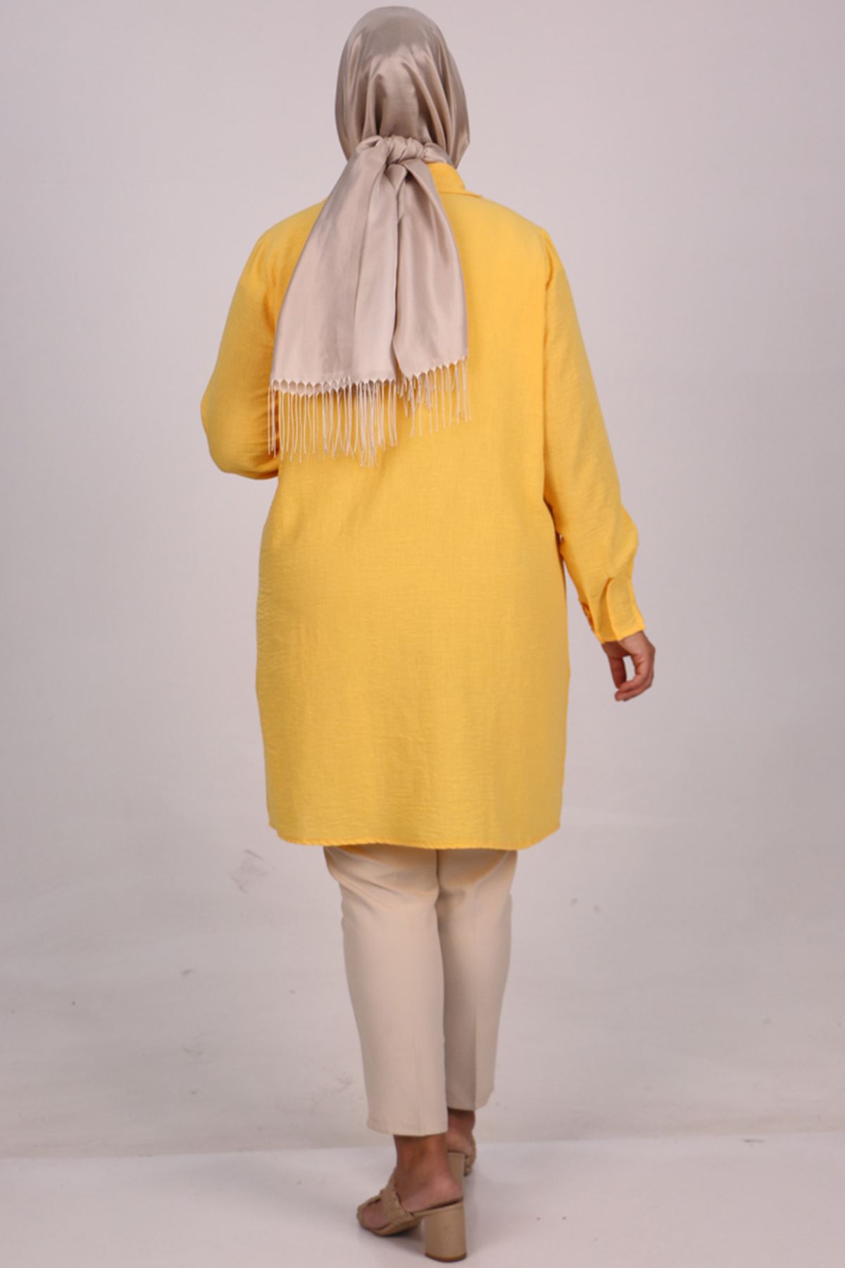 38095 Large Size Linen Airobin Shirt with Stone Collar - Yellow