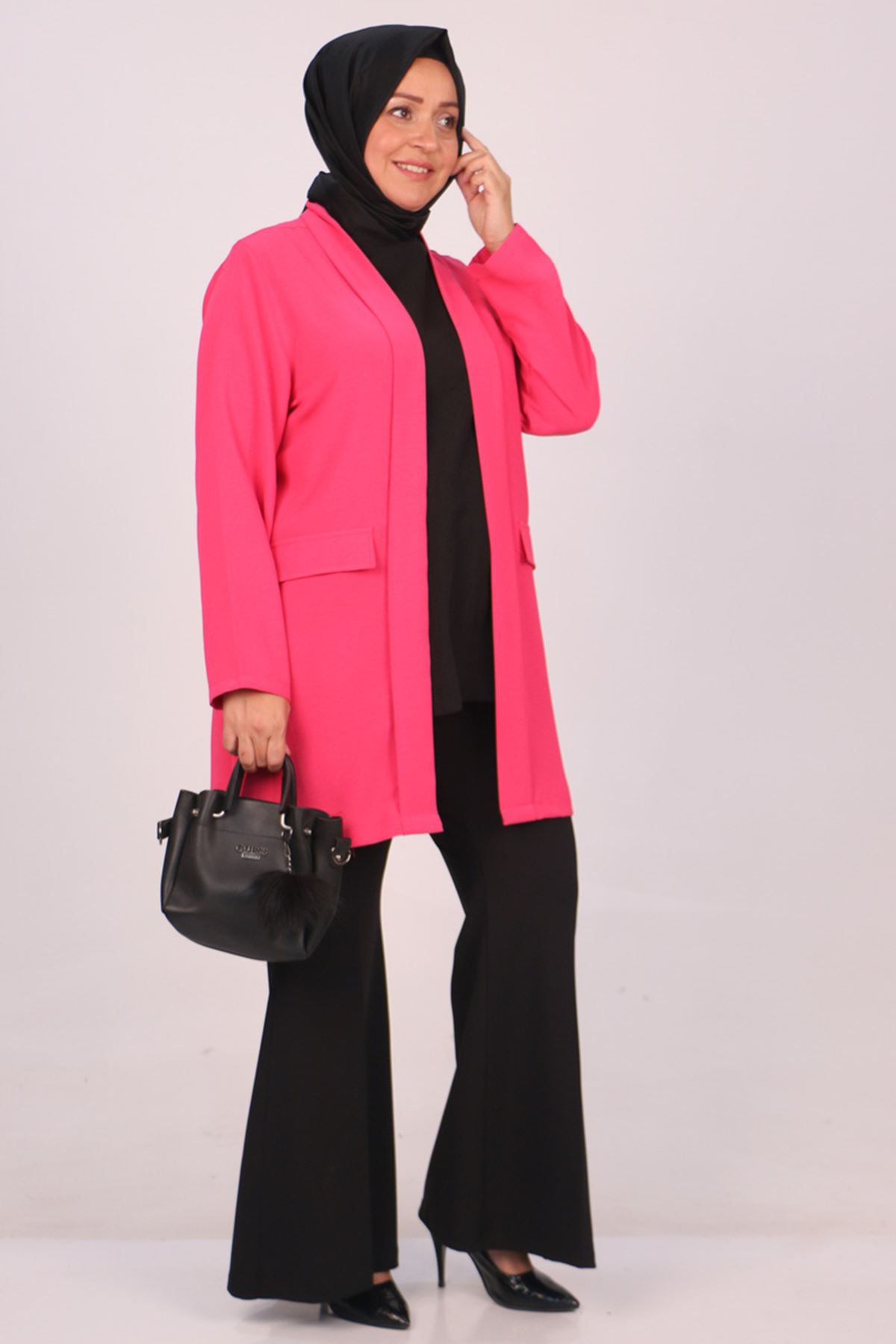 33027-1 Large Size Double Layer Crepe Buttonless Jacket-Pink