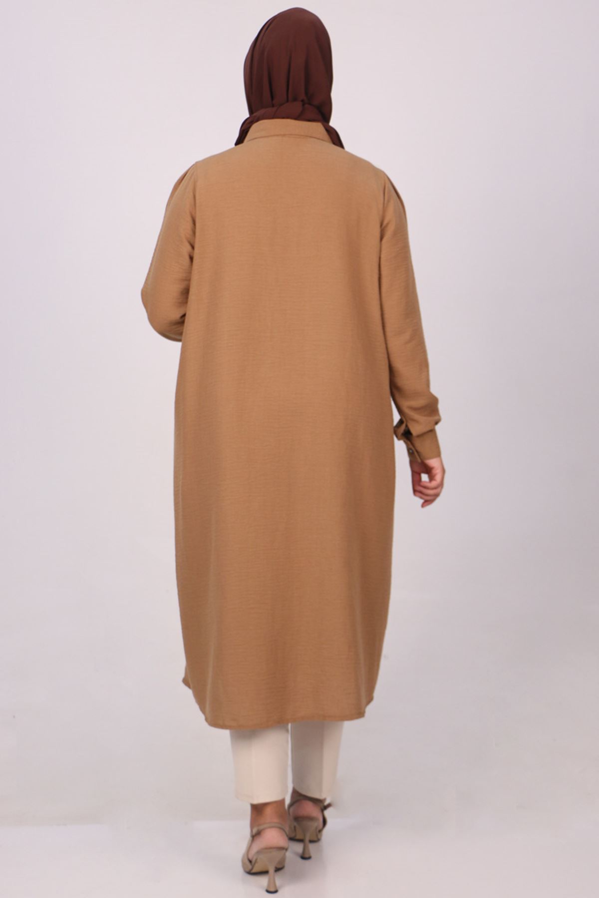 38099 Large Size Pocket Detailed Linen Airobin Shirt - Brown