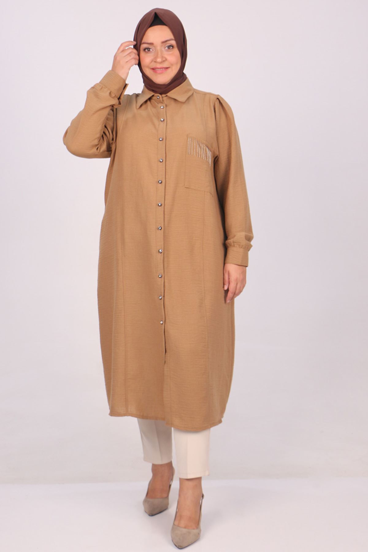 38099 Large Size Pocket Detailed Linen Airobin Shirt - Brown