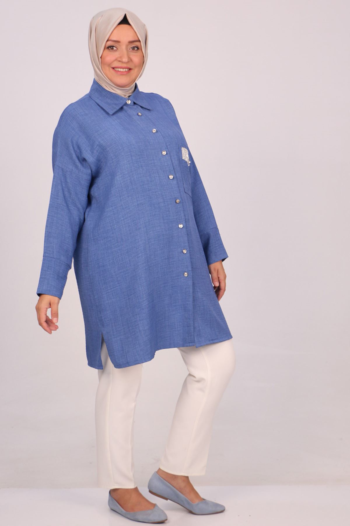 38112 Large Size Linen Airobin Shirt with Pocket Stone - Indigo