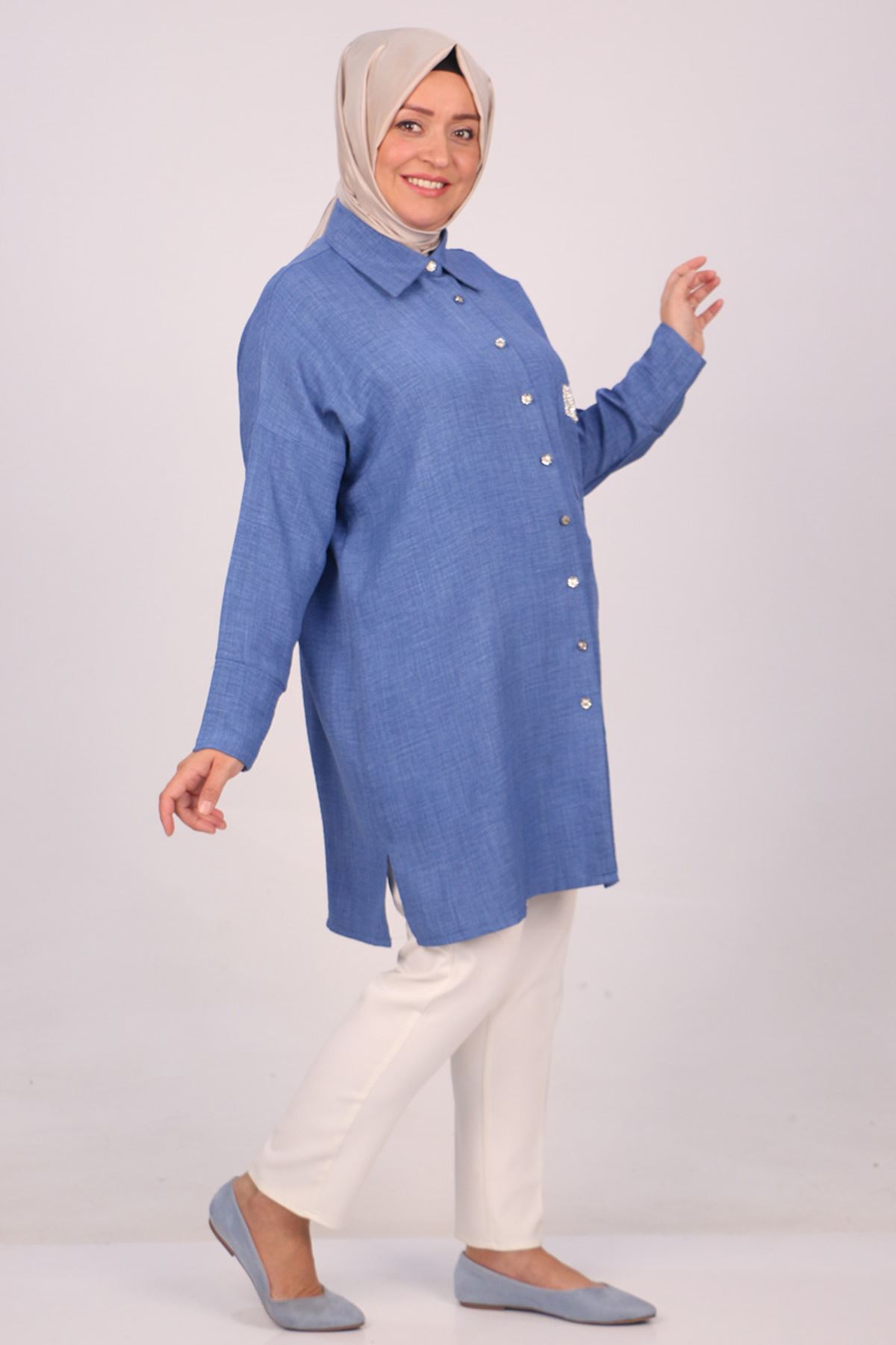 38112 Large Size Linen Airobin Shirt with Pocket Stone - Indigo