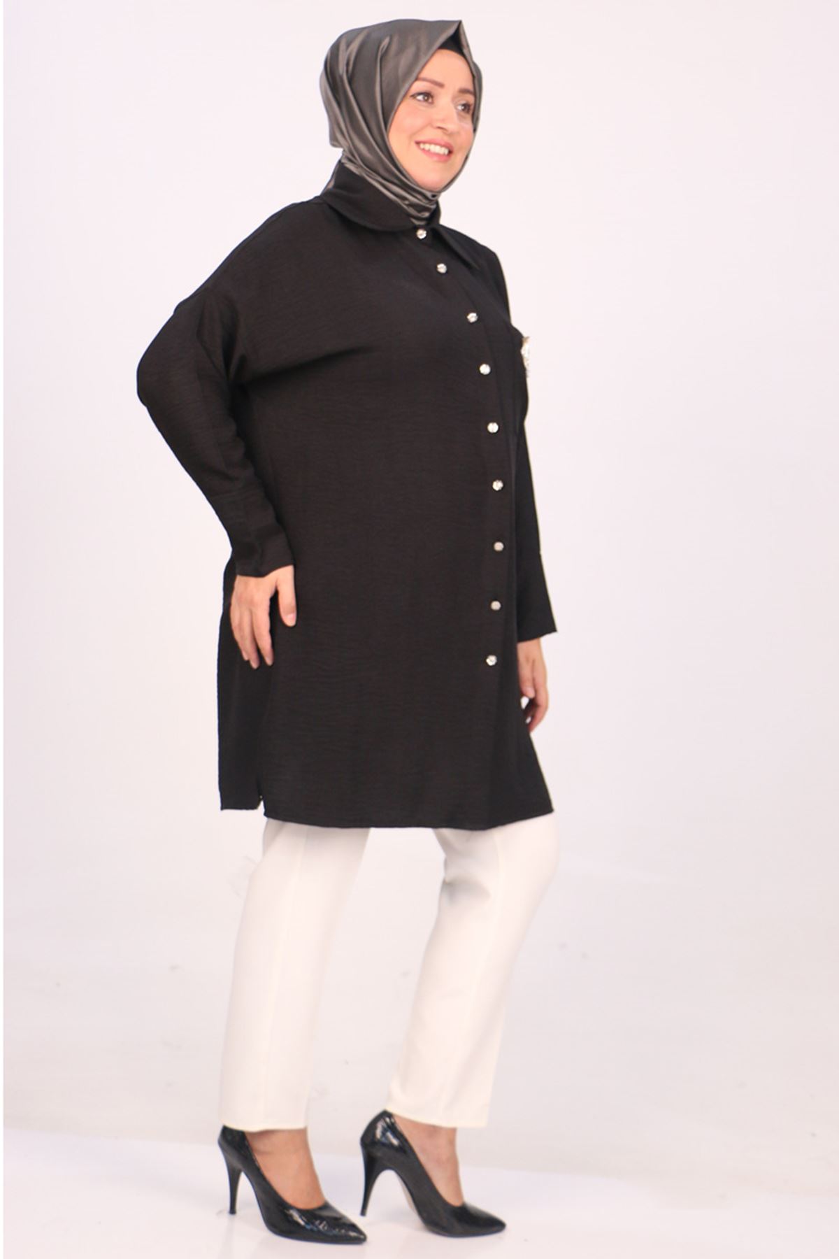 38112 Large Size Linen Airobin Shirt with Pocket Stone - Black