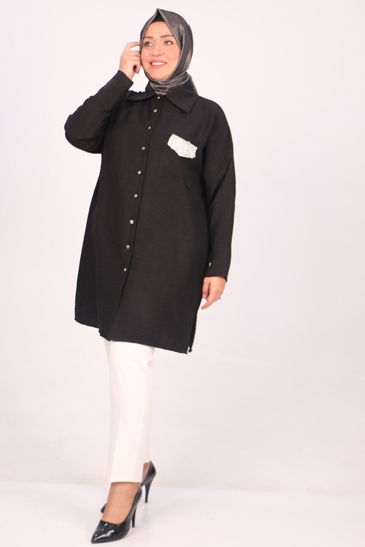 38112 Large Size Linen Airobin Shirt with Pocket Stone - Black