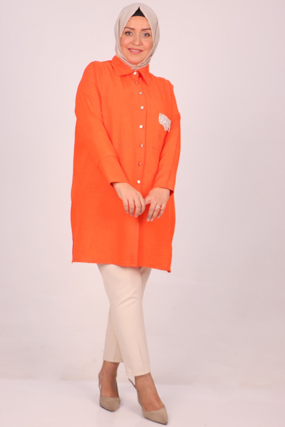 38112 Large Size Linen Airobin Shirt with Pocket Stone - Orange