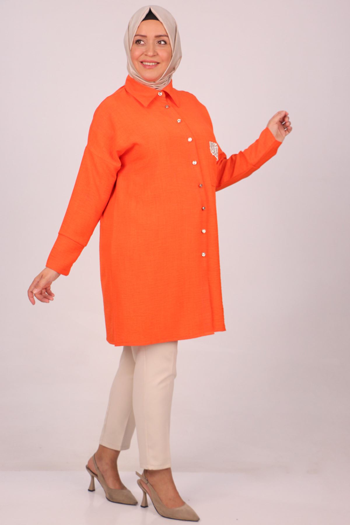 38112 Large Size Linen Airobin Shirt with Pocket Stone - Orange