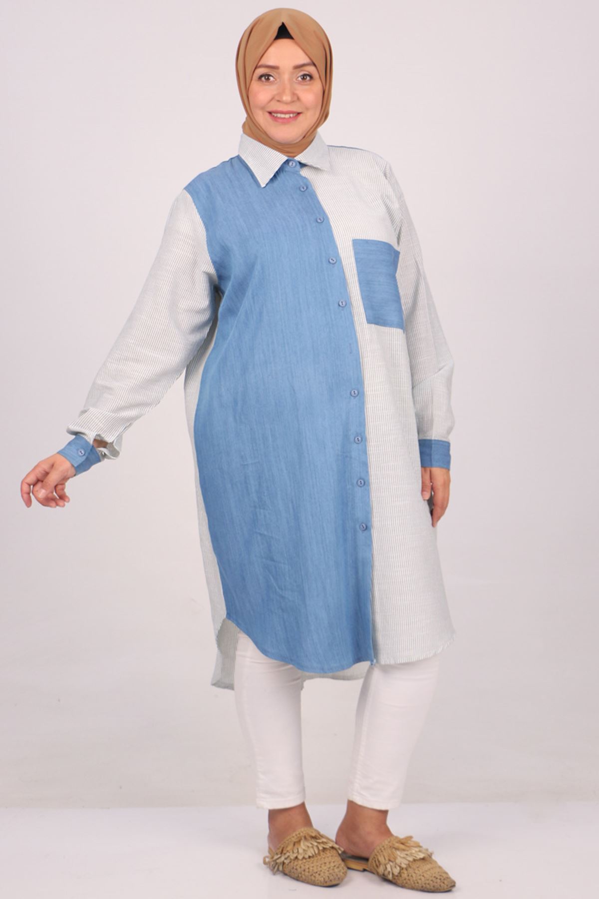 38097-1 Large Size Striped Linen-Denim Shirt-Iceblue-Khaki