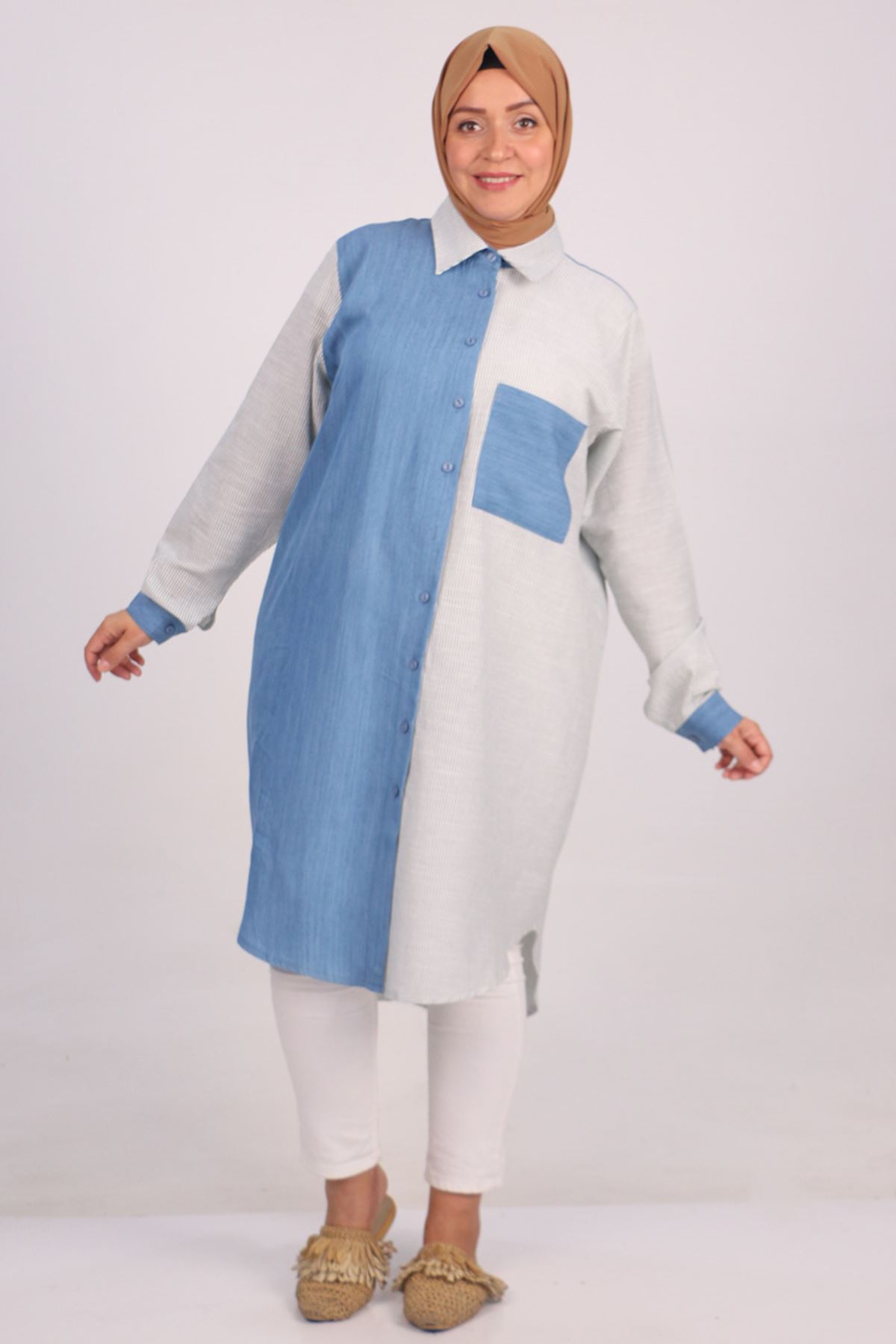 38097-1 Large Size Striped Linen-Denim Shirt-Iceblue-Khaki