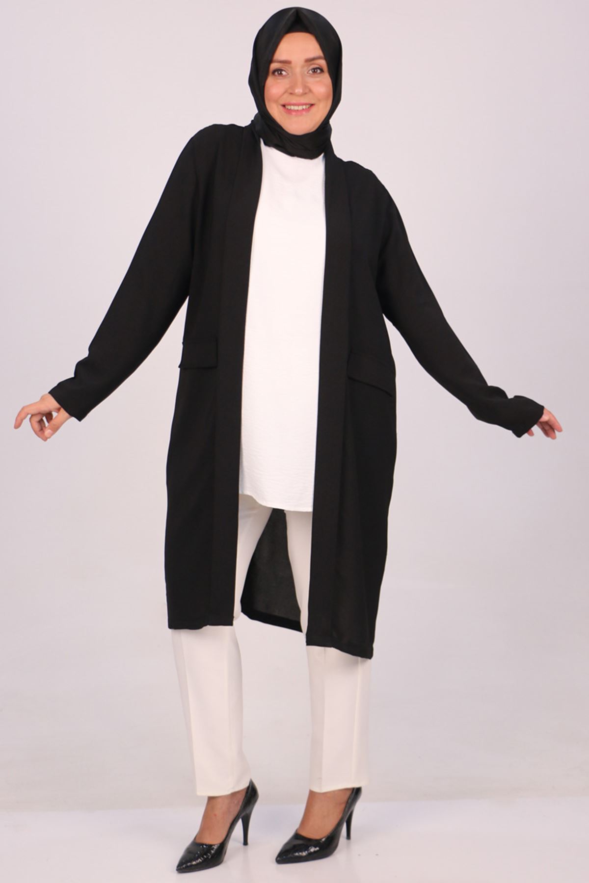33047 Large Size Burbery Crepe Buttonless Long Jacket-Black