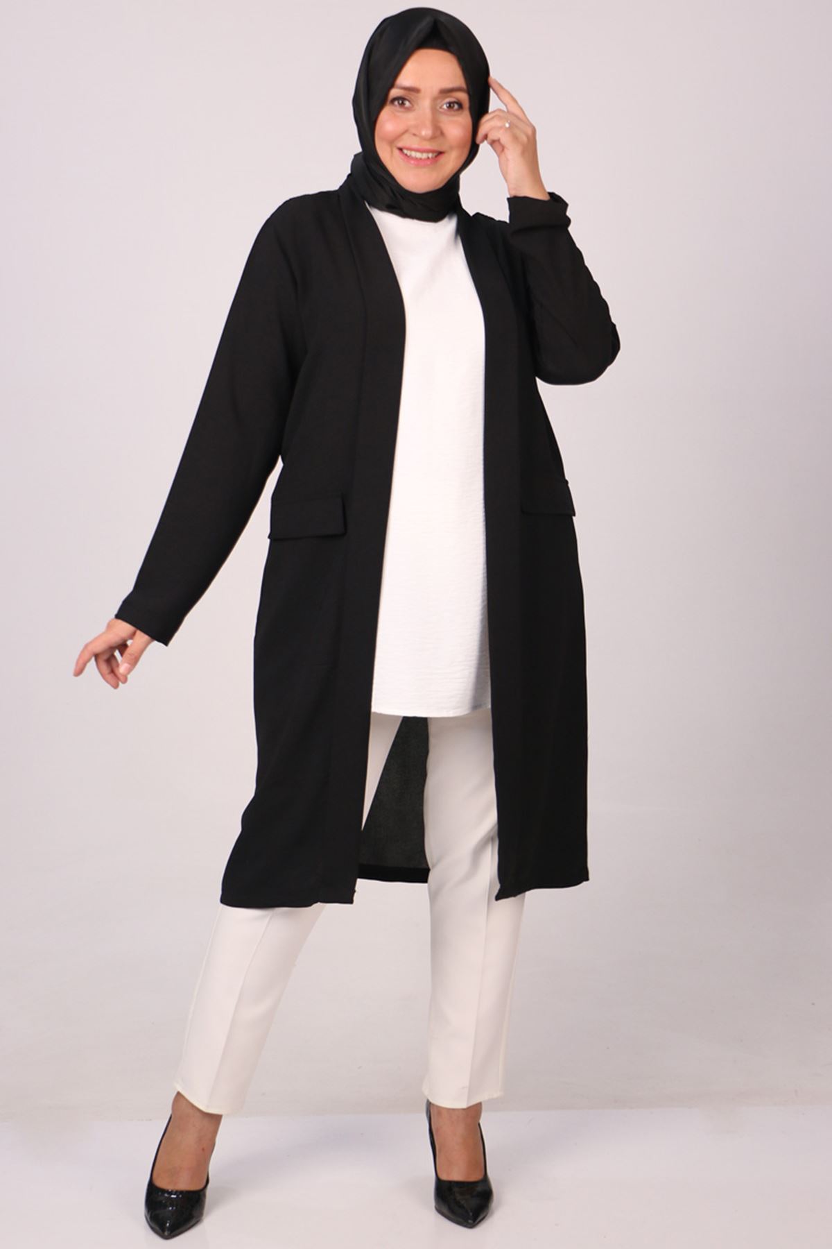 33047 Large Size Burbery Crepe Buttonless Long Jacket-Black