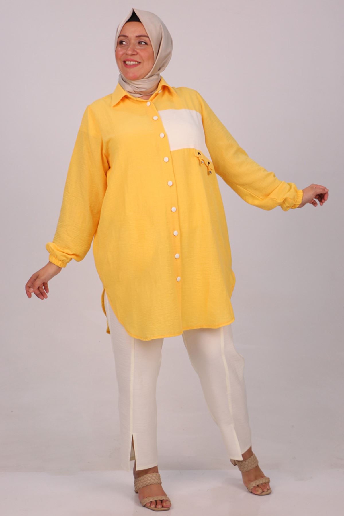 37037 Large Size Linen Airobin Trousers Set -Yellow