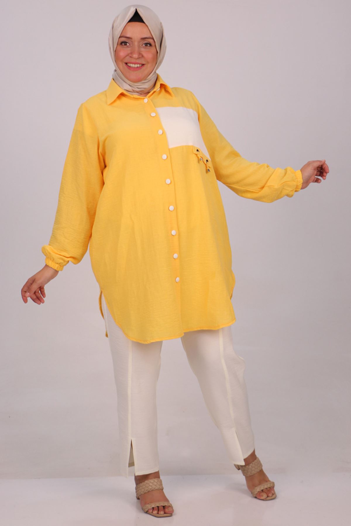 37037 Large Size Linen Airobin Trousers Set -Yellow
