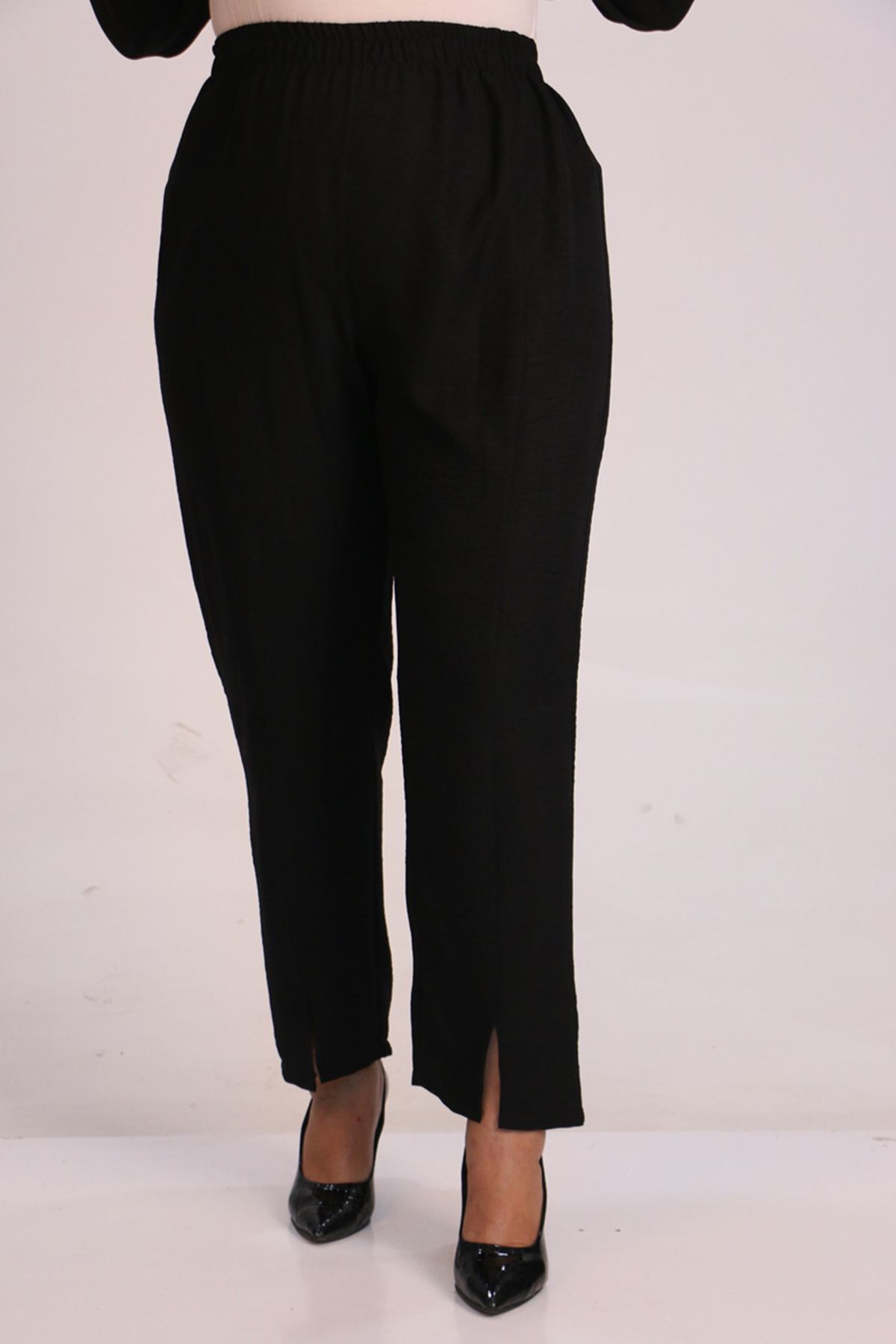 37036 Large Size Linen Airobin Stone Printed Trousers Suit-Black