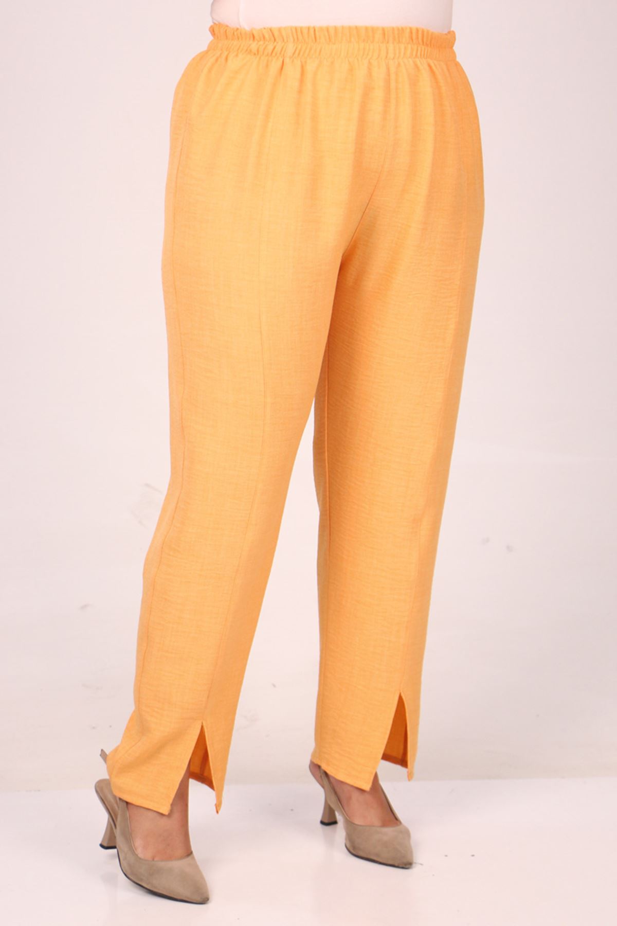 37036 Large Size Linen Airobin Stone Printed Trousers Suit -Yellow