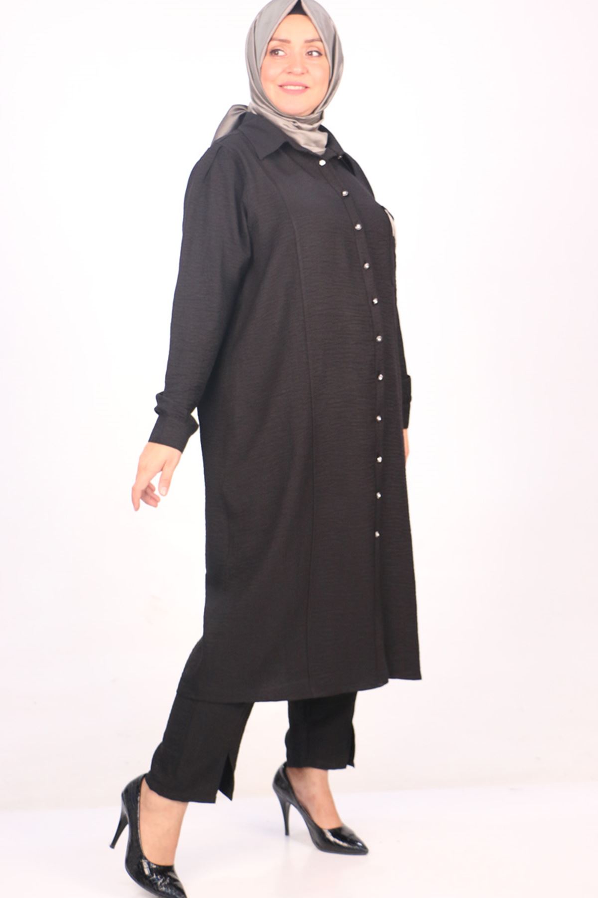 37038 Large Size Linen Airobin Button Detailed Trousers Suit -Black