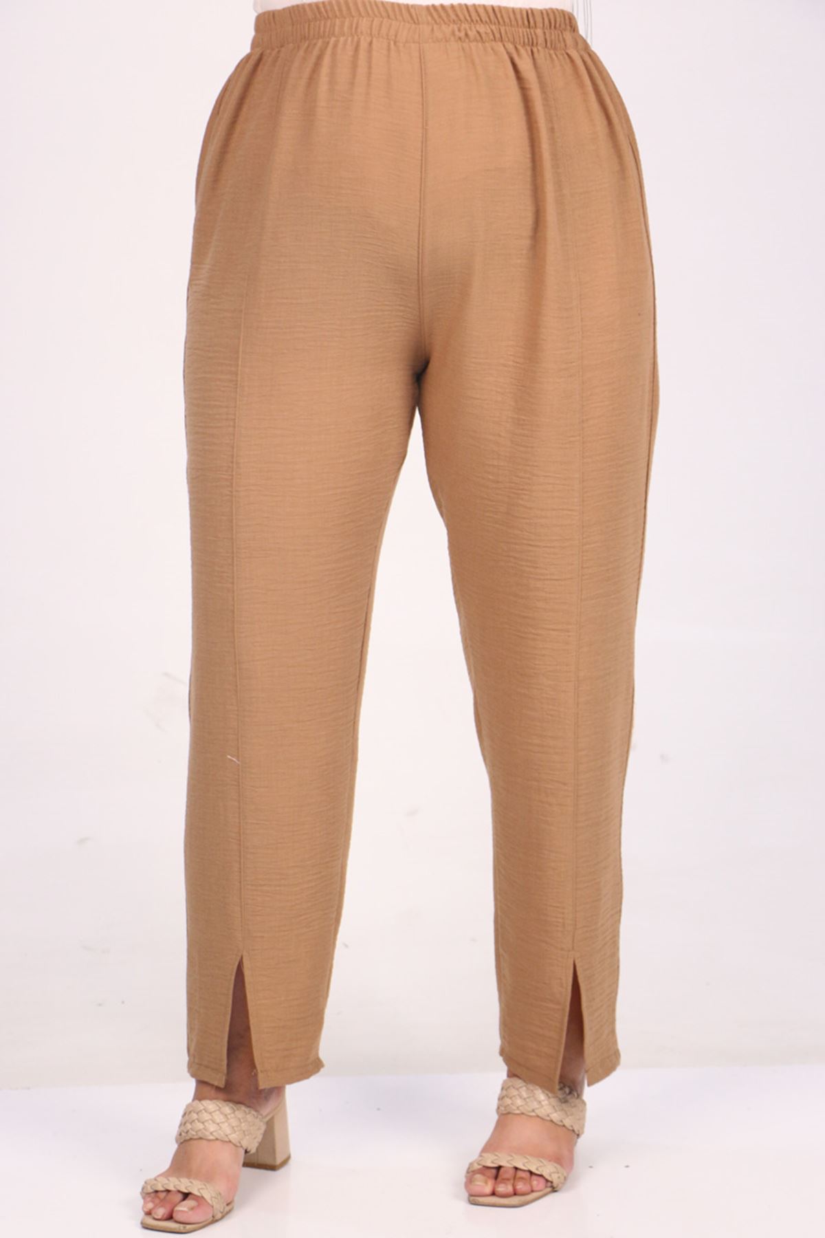 37038 Large Size Linen Airobin Button Detailed Trousers Suit -Brown