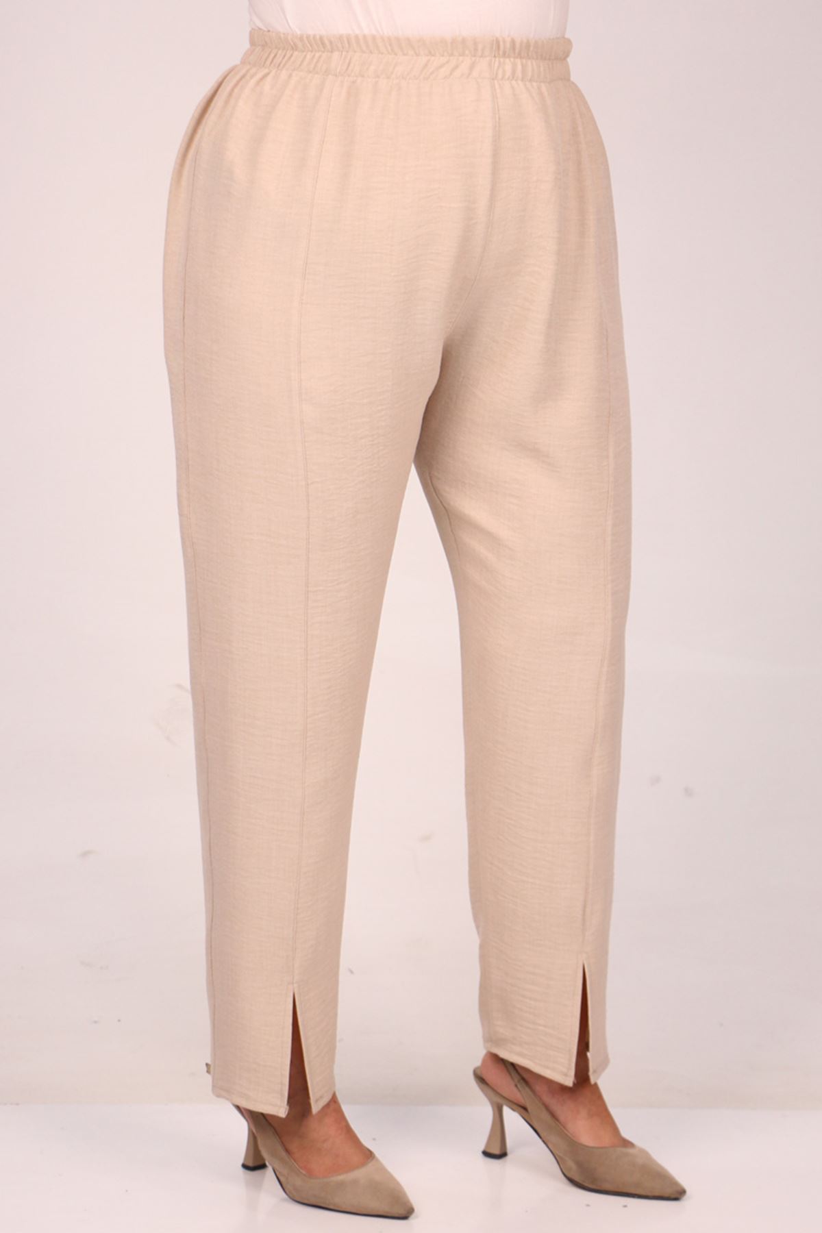 37038 Large Size Linen Airobin Button Detailed Trousers Suit -Beige