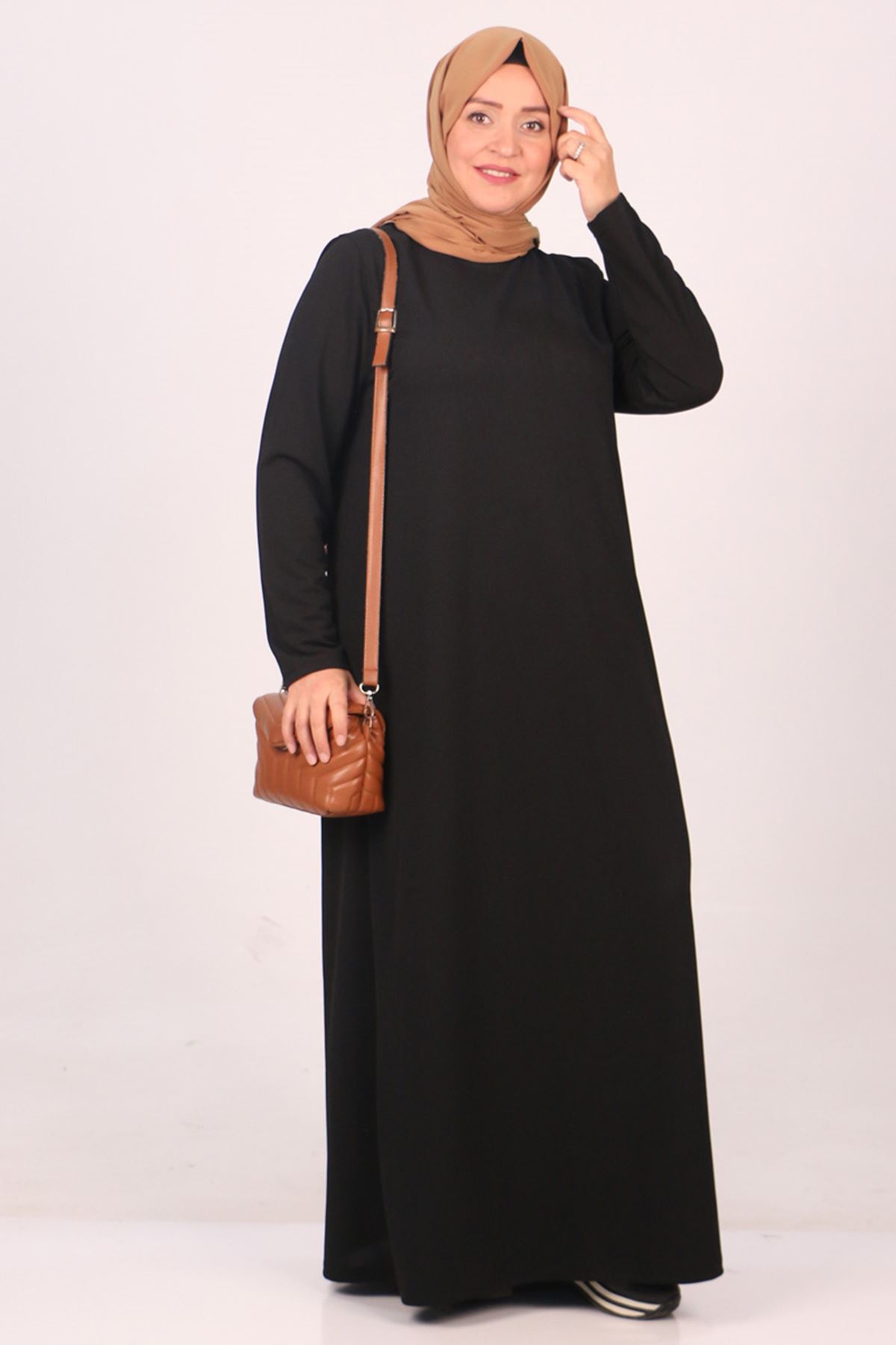 32047 Büyük Beden Scuba Basic Elbise - Siyah