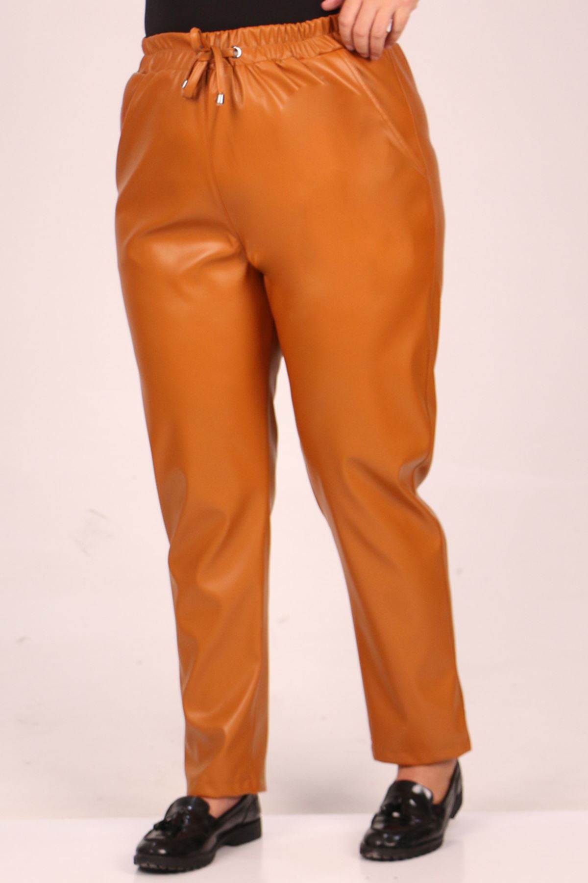 39039 Large Size Elastic Waist Leather Trousers-Tan