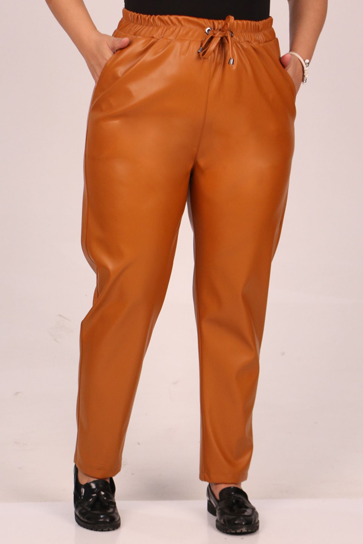 39039 Large Size Elastic Waist Leather Trousers-Tan