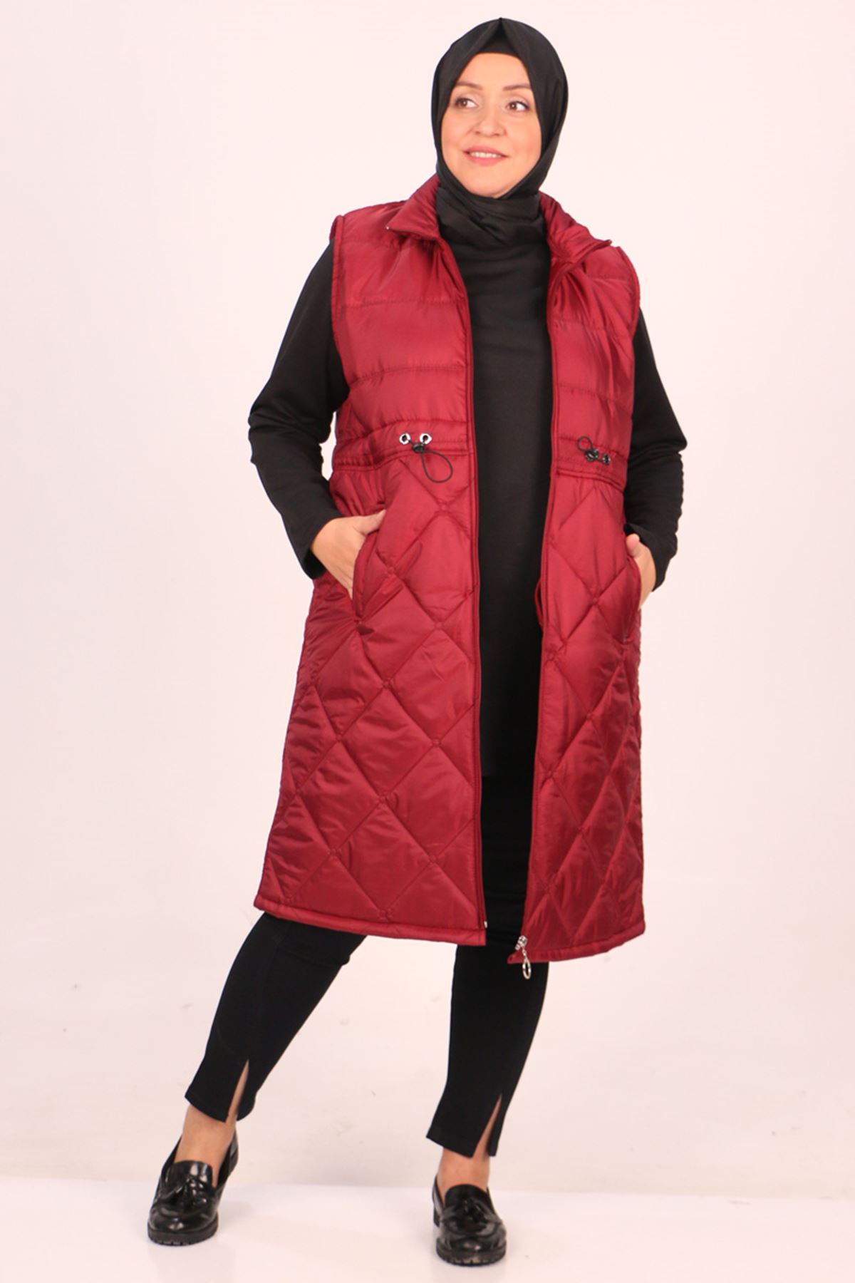 34014 Large Size Quilted Vest with Elastic Waist-Burgundy