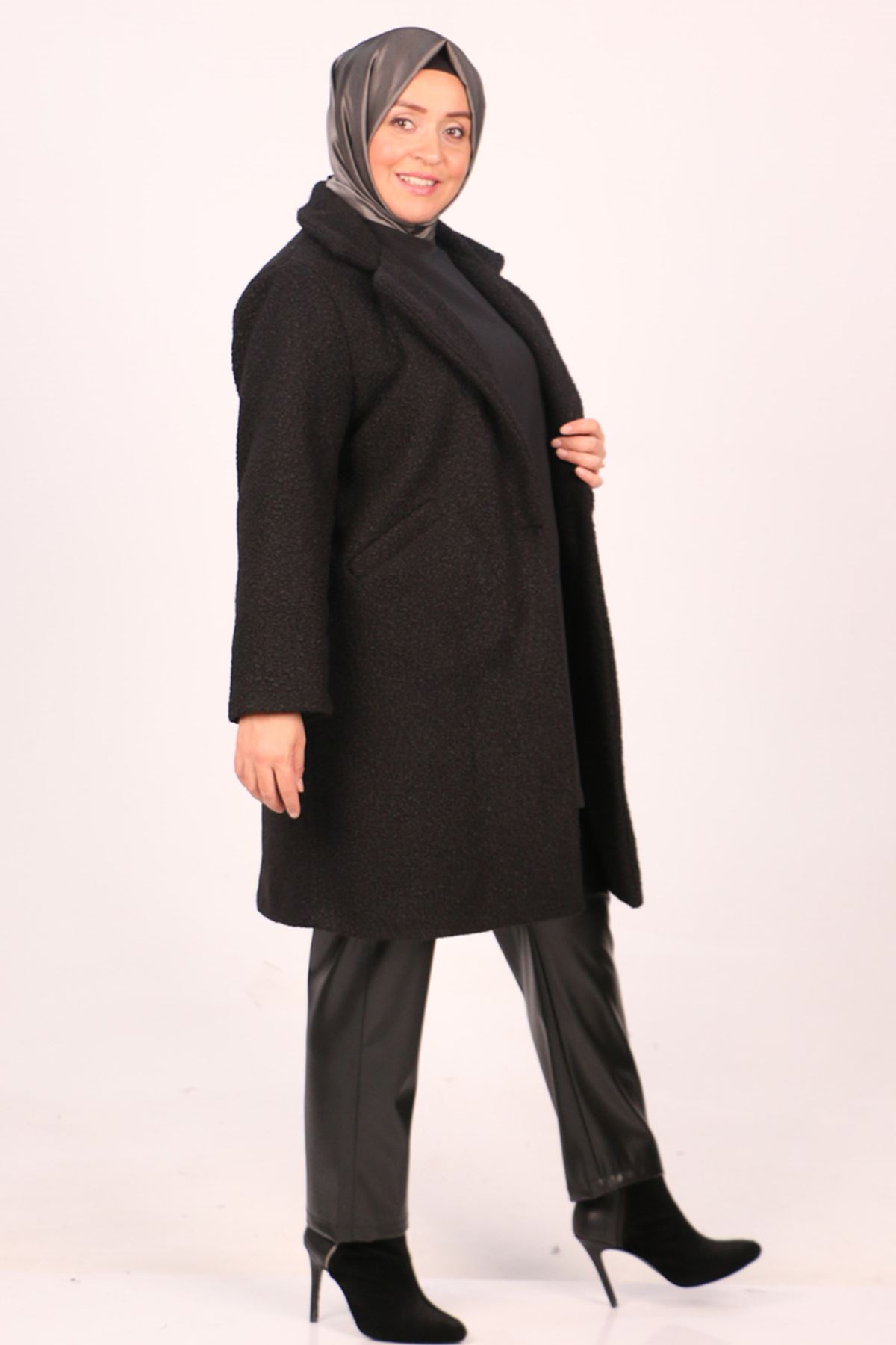 33045 Large Size Buttoned Curly Lamb Coat-Black