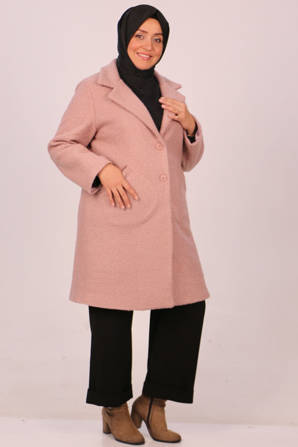 33045 Large Size Buttoned Curly Lamb Coat-Powder