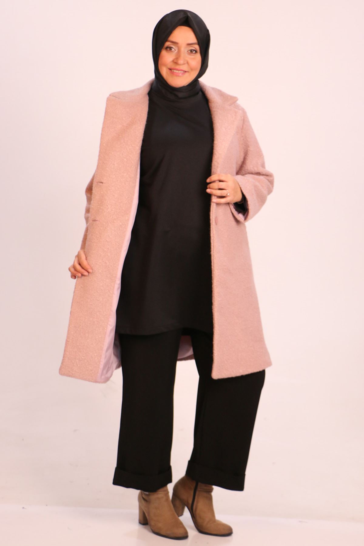 33045 Large Size Buttoned Curly Lamb Coat-Powder