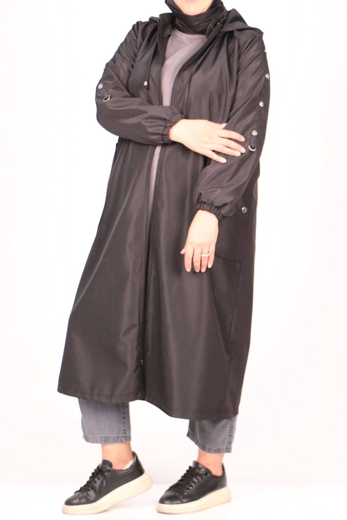 33067 Plus Size Sleeve Detailed Bondit Trench Coat-Black