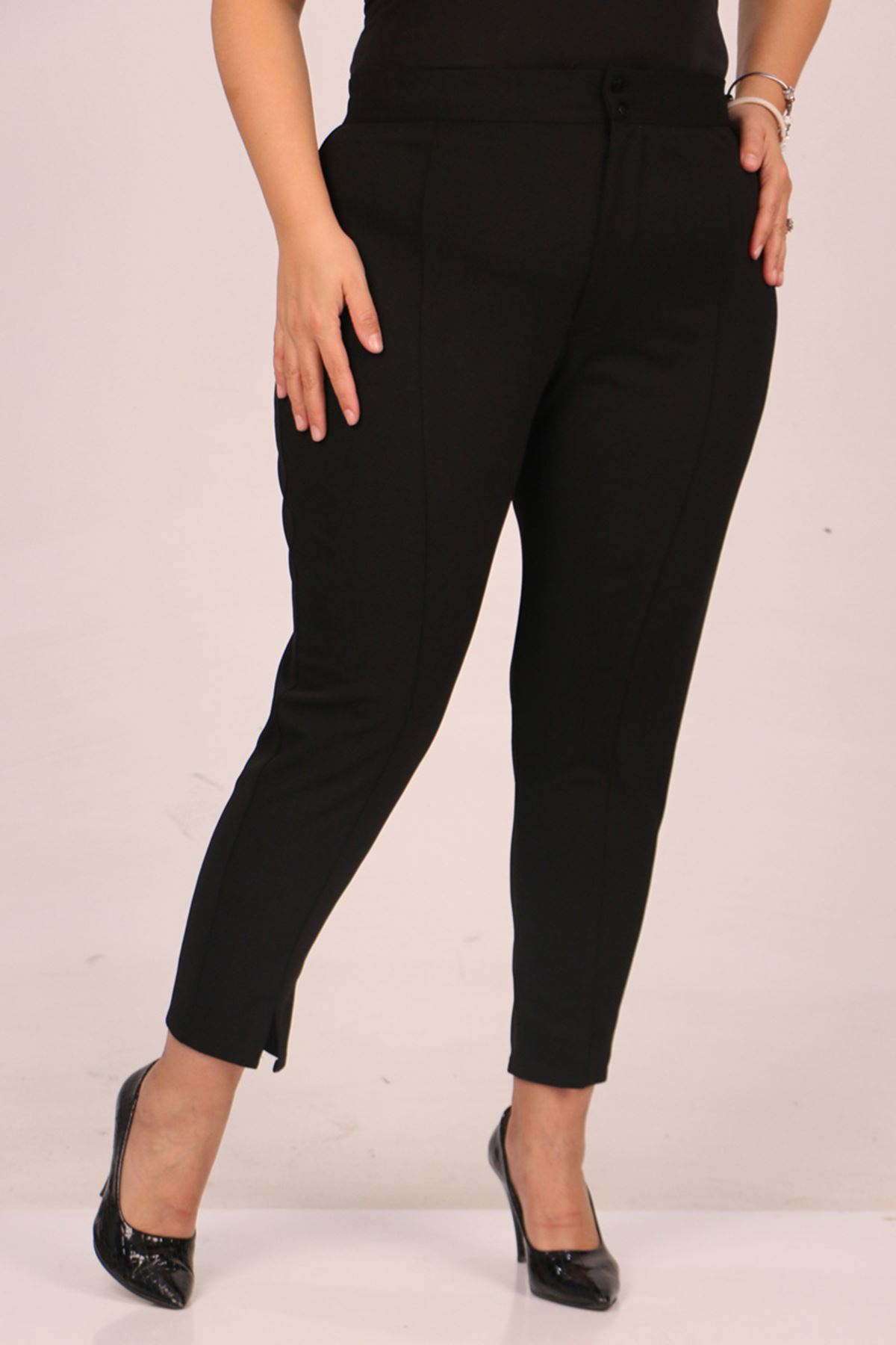 39045 Large Size Scuba Slit Front Slim Leg Trousers-Black